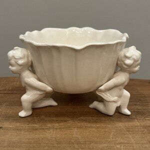 Vintage White Ceramic Cherubs Holding Flower Arrangement Bowl Centerpiece Floral